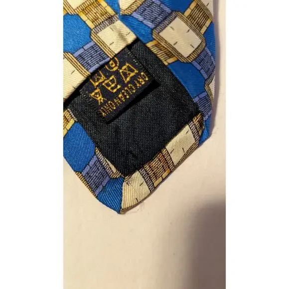 Piaget Silk Vintage 100% Silk Blue Gold Geometric Design Neck Tie - Picture 14 of 16